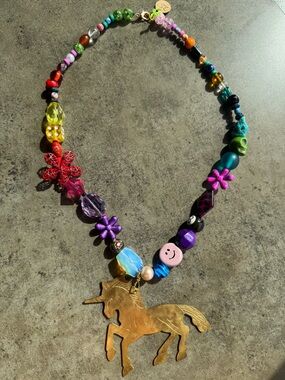 Colorful Brass Unicorn Beaded Necklace for Dopamine Necklace